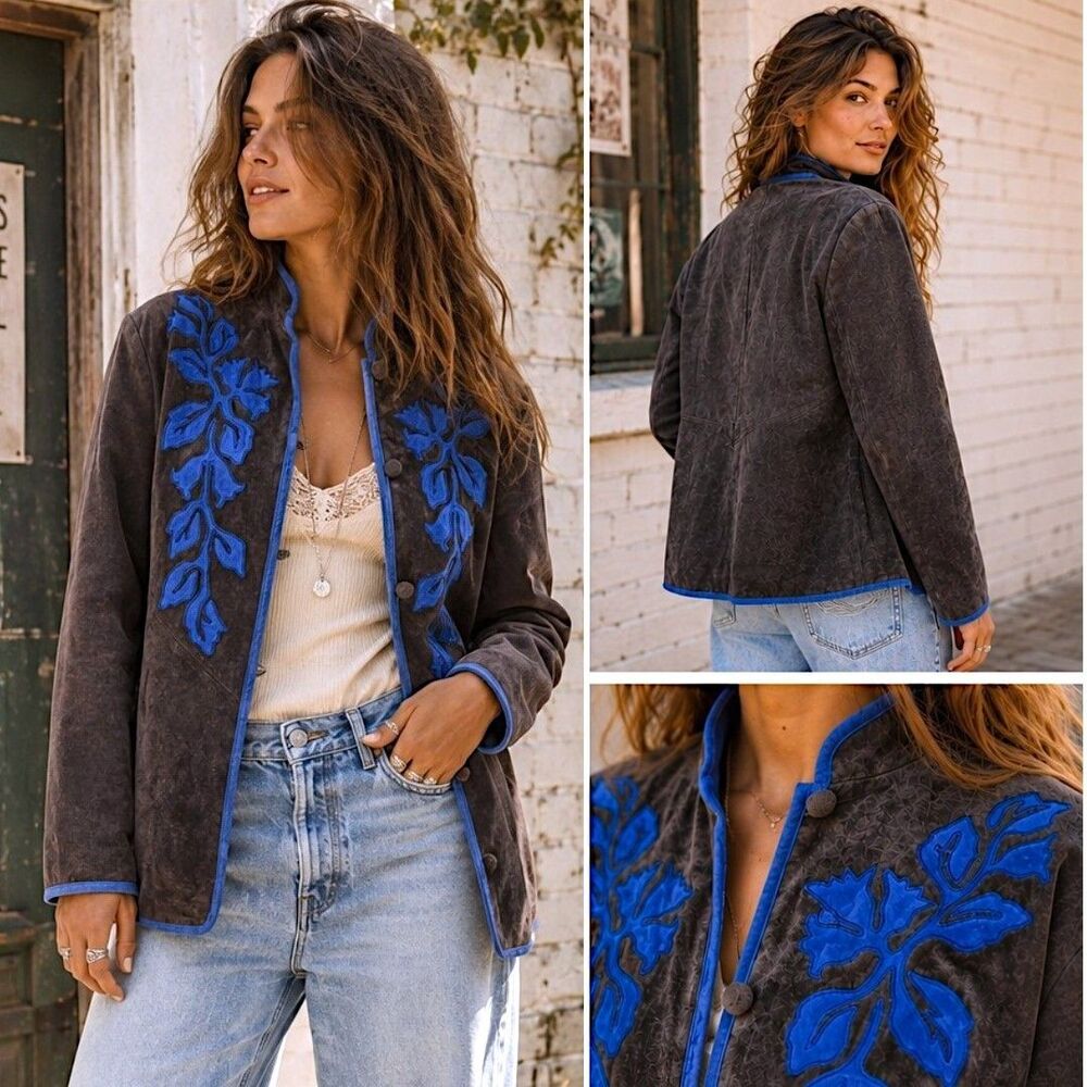Vtg 90s Suede Leather Brown Jacket S Blue Applique Southwestern Artwear Boho Y2K